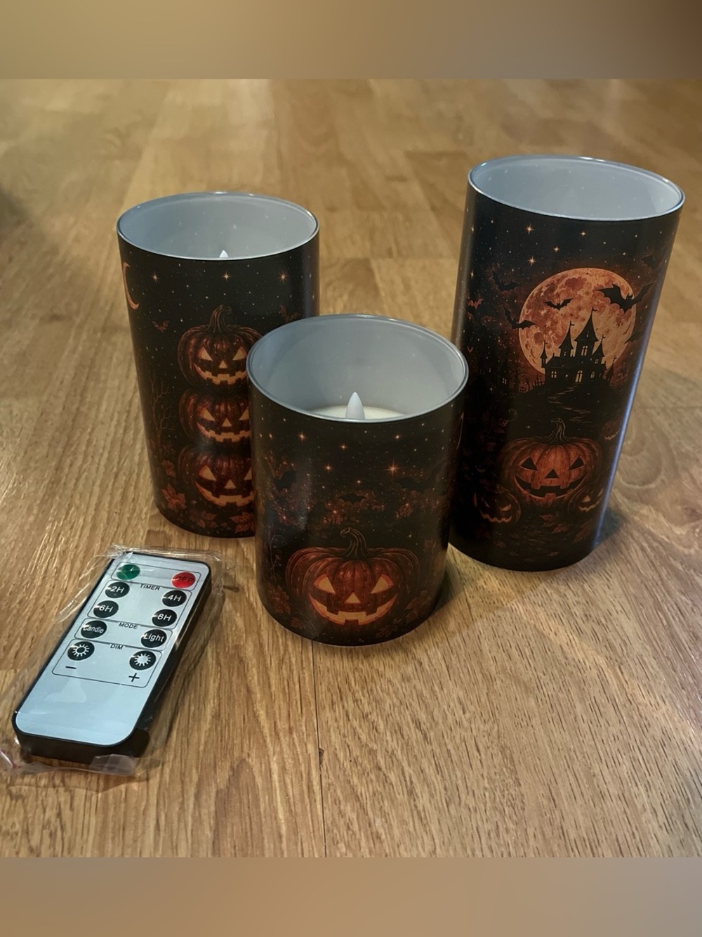 Halloween LED Flameless Candle Set with Remote - Black & Orange Pumpkin Design